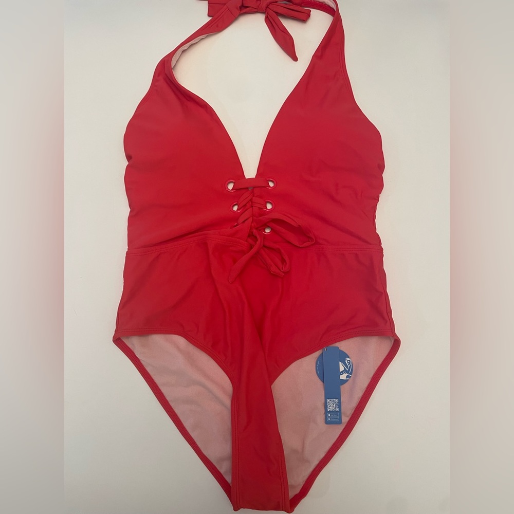 Sea to Shining Sea Red Lace Up Grommet Halter One-Piece Swimsuit